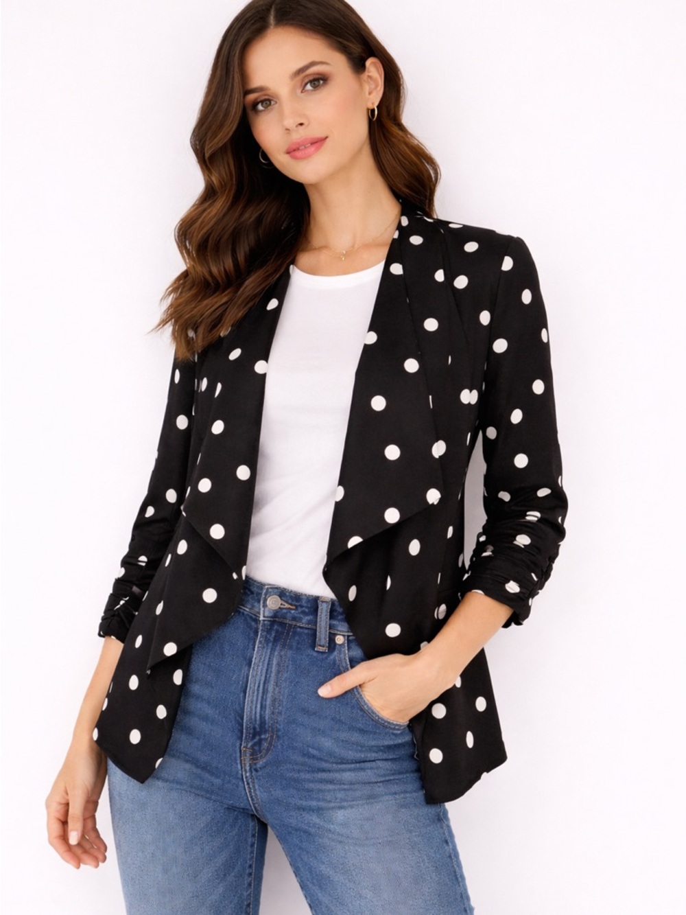 Jules & Leopold Black and White Polka Dot Draped Blazer